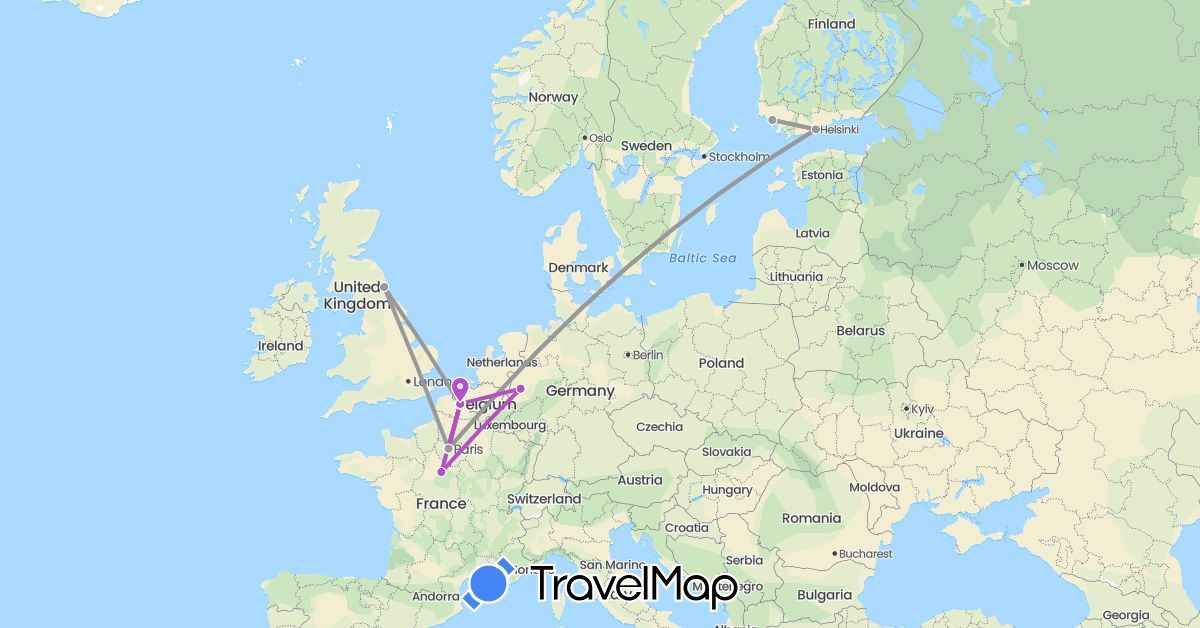 TravelMap itinerary: driving, plane, train in Germany, Finland, France, United Kingdom (Europe)